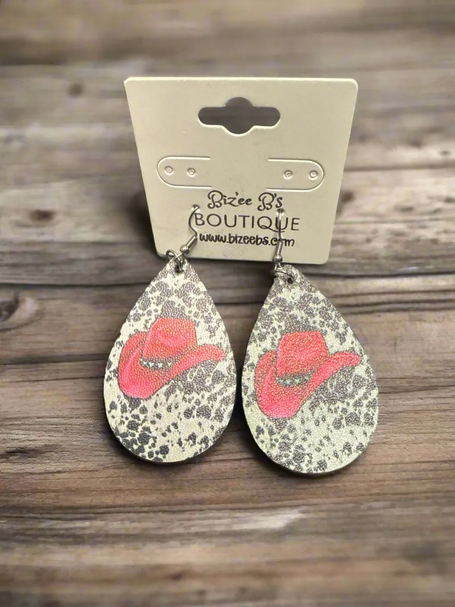 Cow Print Cowboy Hat Earrings