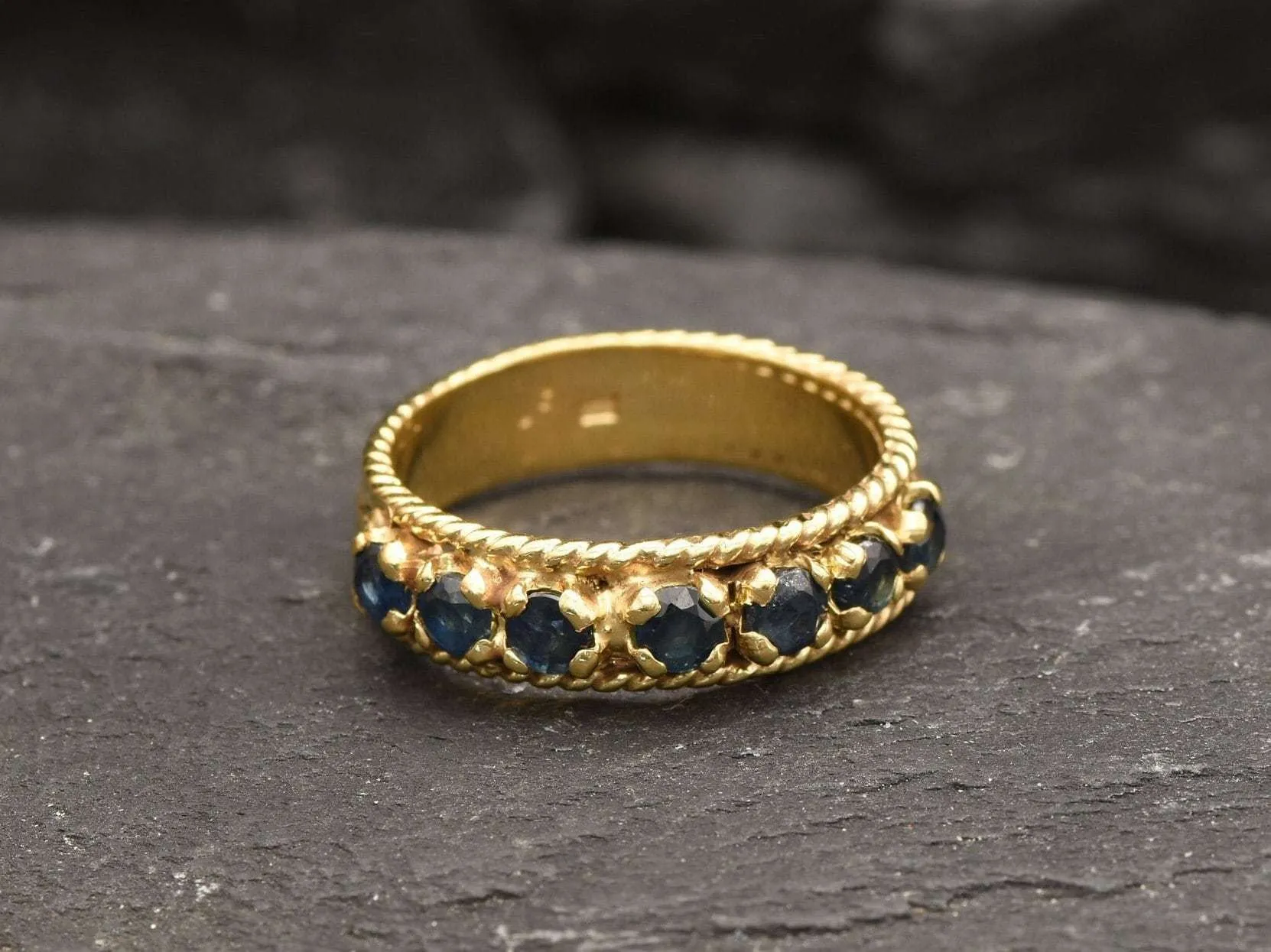 Genuine Sapphire Ring - Gold Half Eternity Band - Blue Vintage Wide Band