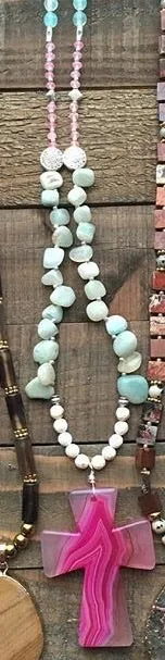 Lovely Turquoise & Stones Necklace with Pink Cross