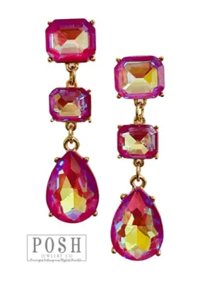 Posh Jewelry Co. Fuchsia Square And Teardrop Rhinestone Earring