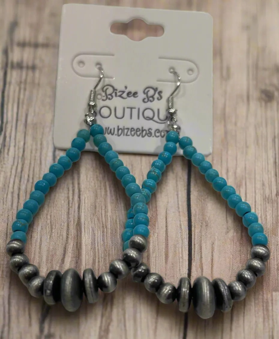 Turquoise Beaded Hollow Teardrop Earrings